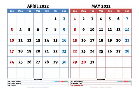 Calendar 2022 April And May